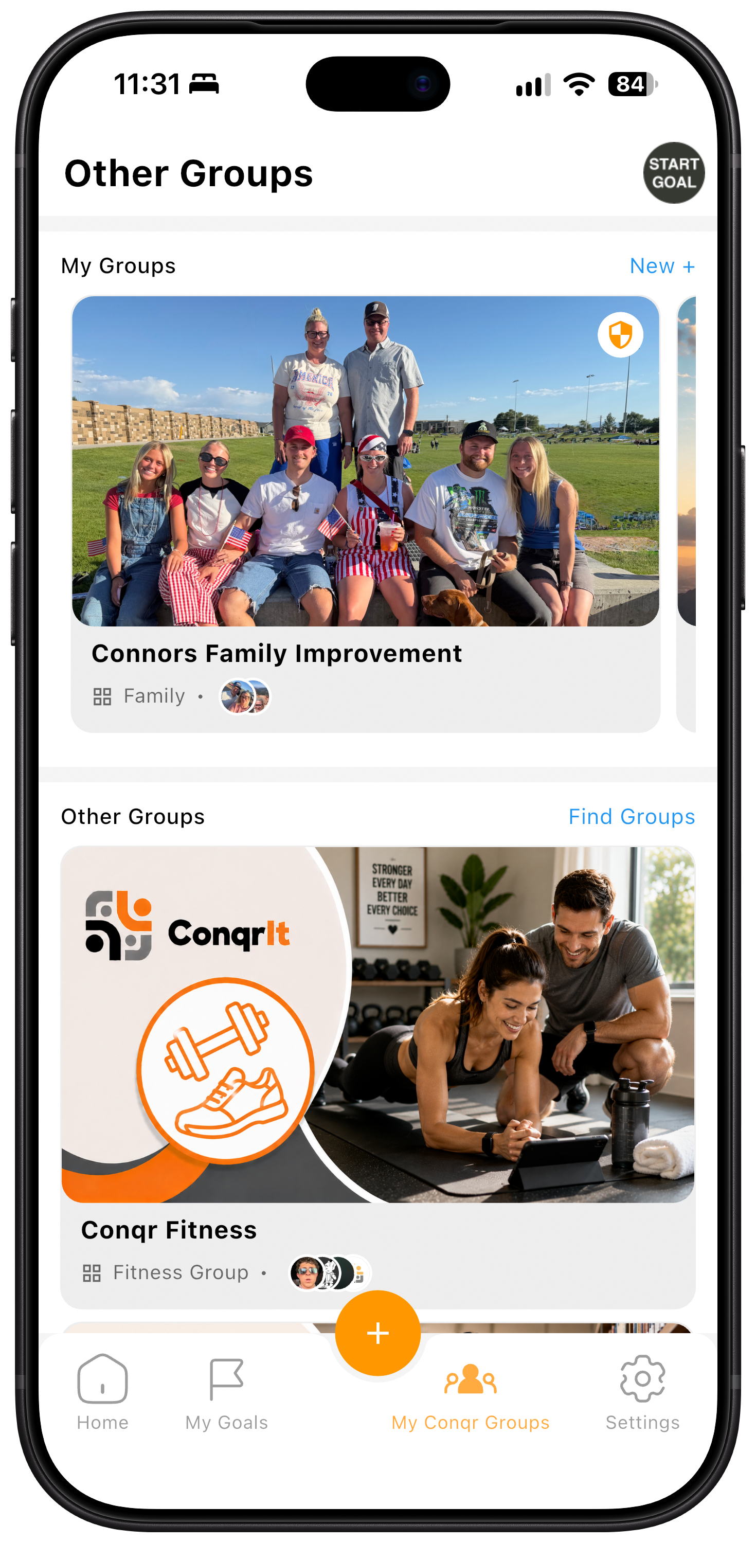 My Conqr Groups mobile application screen